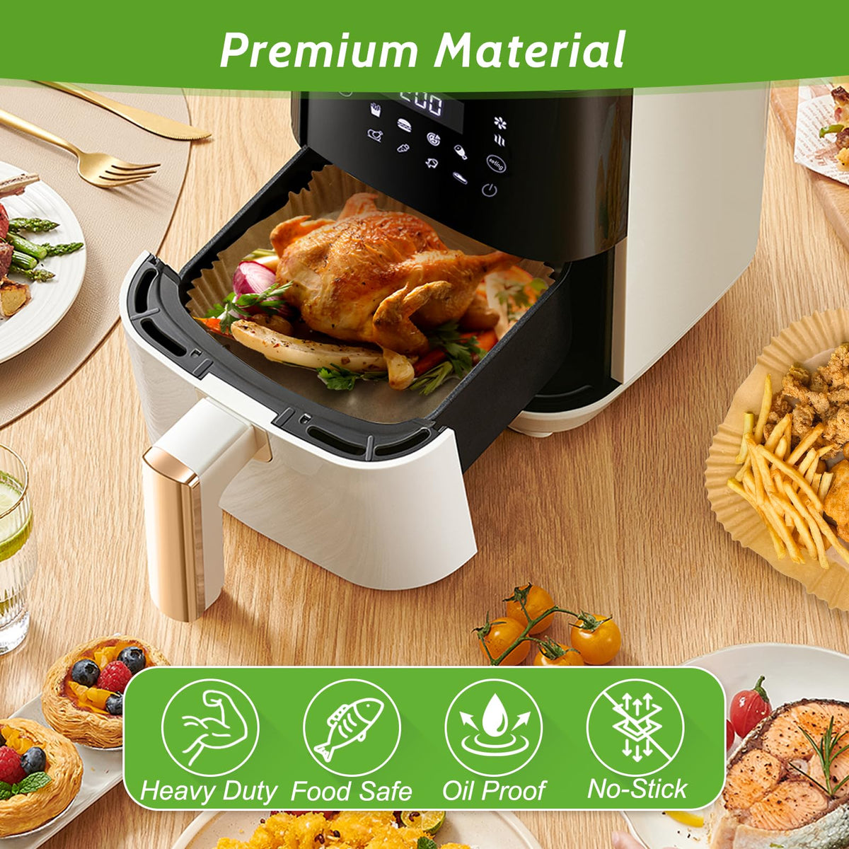 Tripho silicone-coated liners provide non-stick surfaces for quick food release.