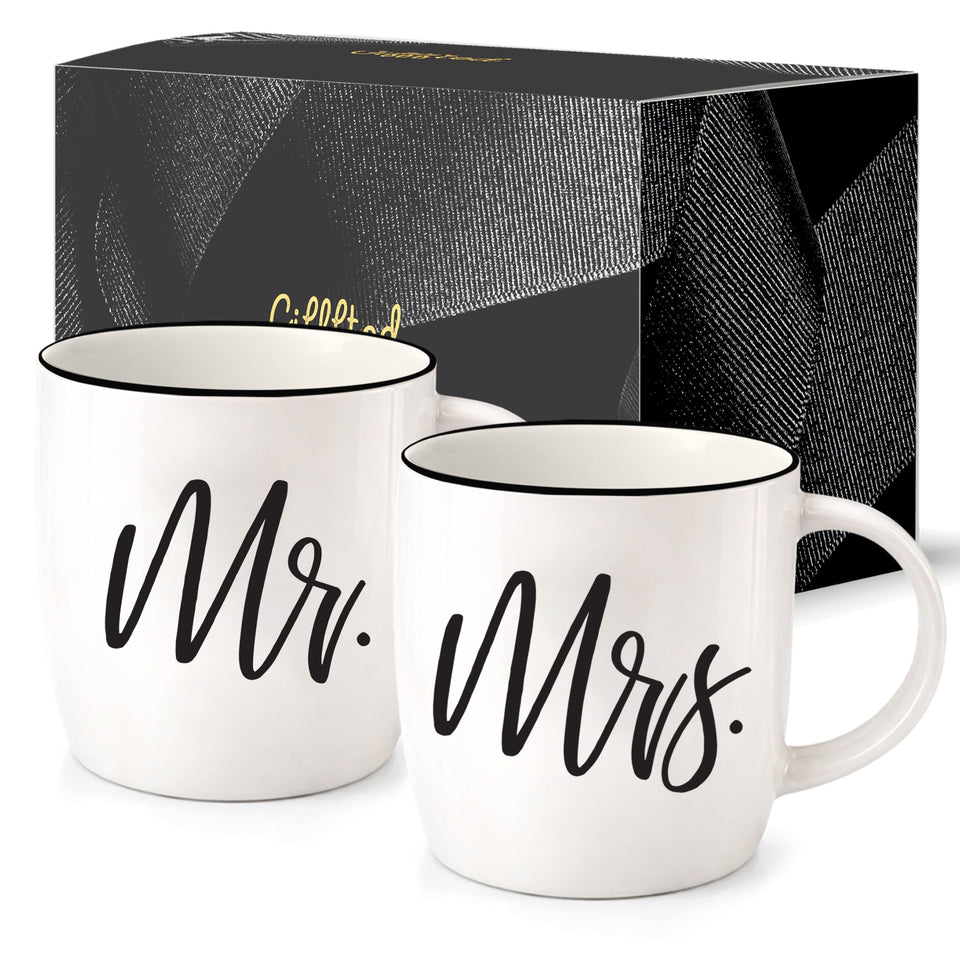 Triple Gifffted Mr Mrs mugs in glossy ceramic for daily coffee together
