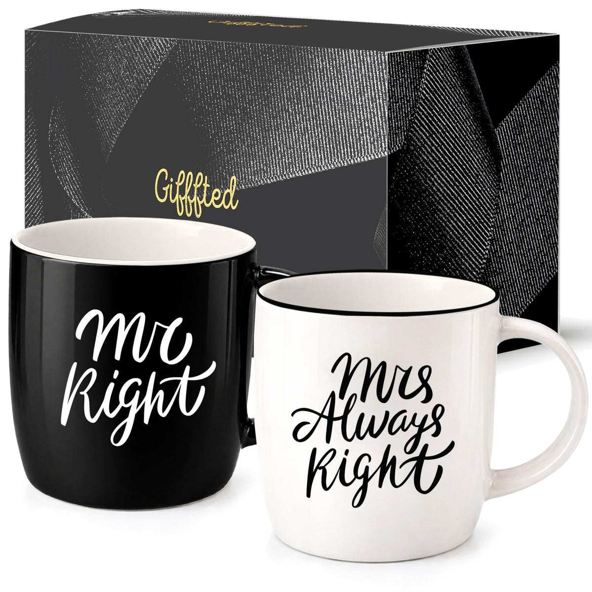 Triple Gifffted Mr Right Mrs Always Right mugs in gift box, ready for gifting.