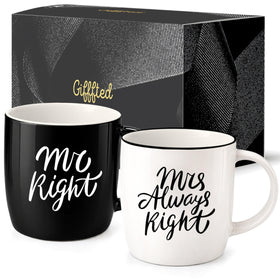 Triple Gifffted Mr Right Mrs Always Right mugs in gift box, ready for gifting.