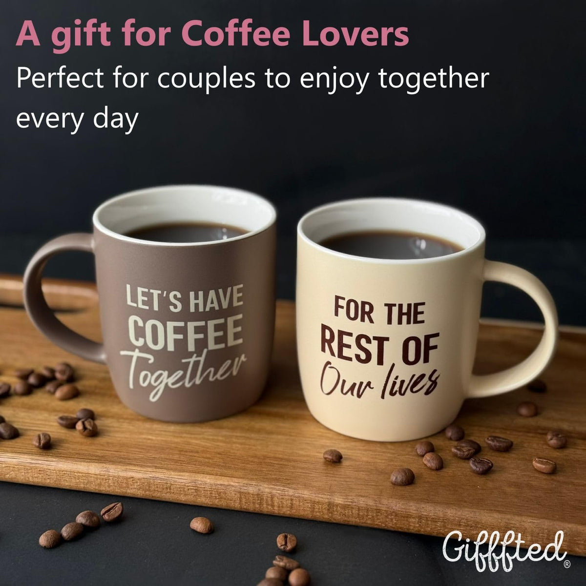 Triple Gifffted Bride and Groom mugs displayed on a sunny breakfast table