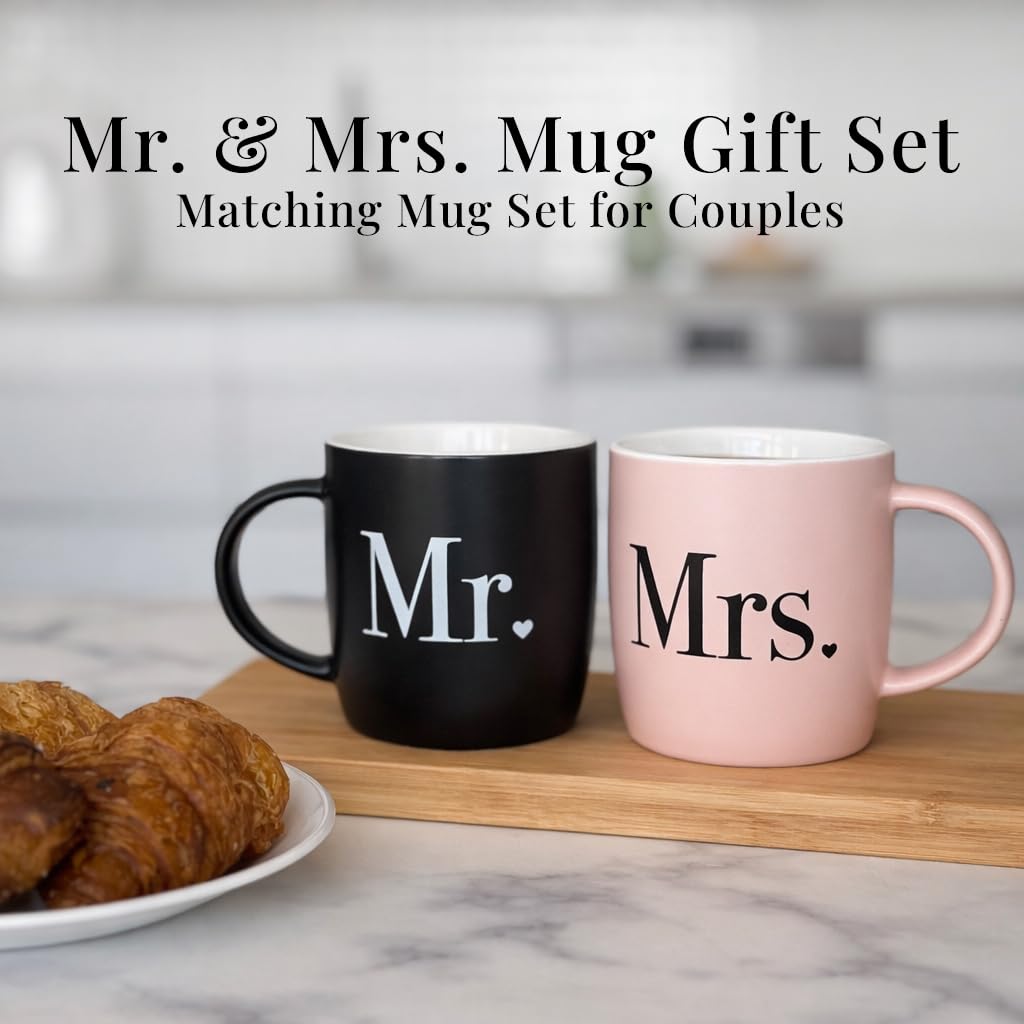 Mr and Mrs mugs with black and blush striped gift box