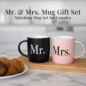 Mr and Mrs mugs with black and blush striped gift box