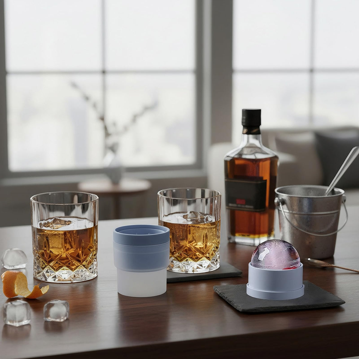 Triplorare old-fashioned kit with glasses and molds for crafted cocktails