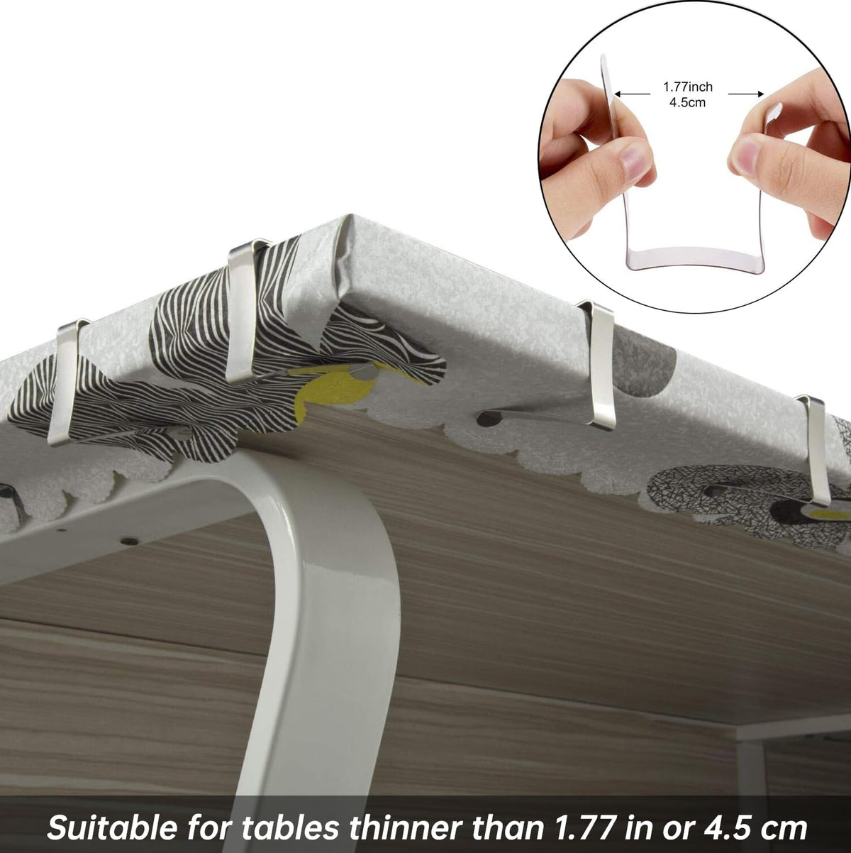 TriPole stainless steel tablecloth clip grips fabric securely on metal tables.