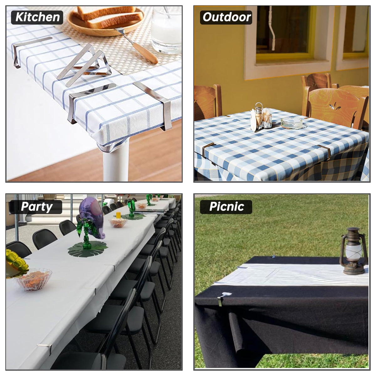 TriPole wind-proof clips prevent tablecloths from billowing in breeze.