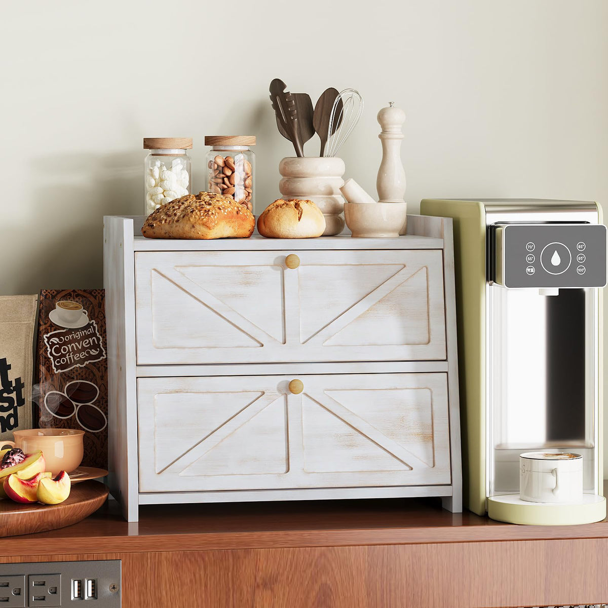 Trironsun bread box flat top on counter provides extra workspace.