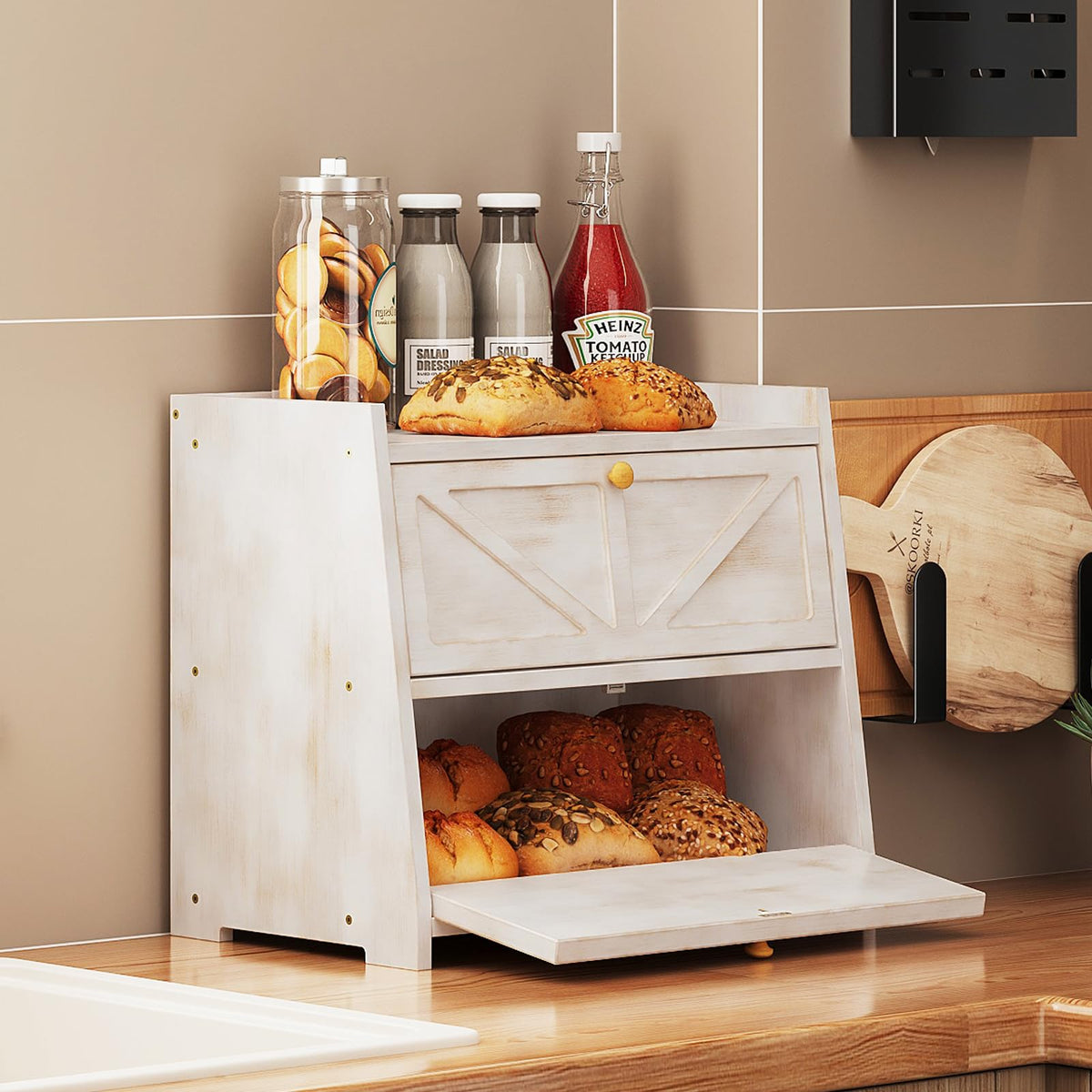 Trironsun two-layer bread box opened to reveal loaves and pastries.