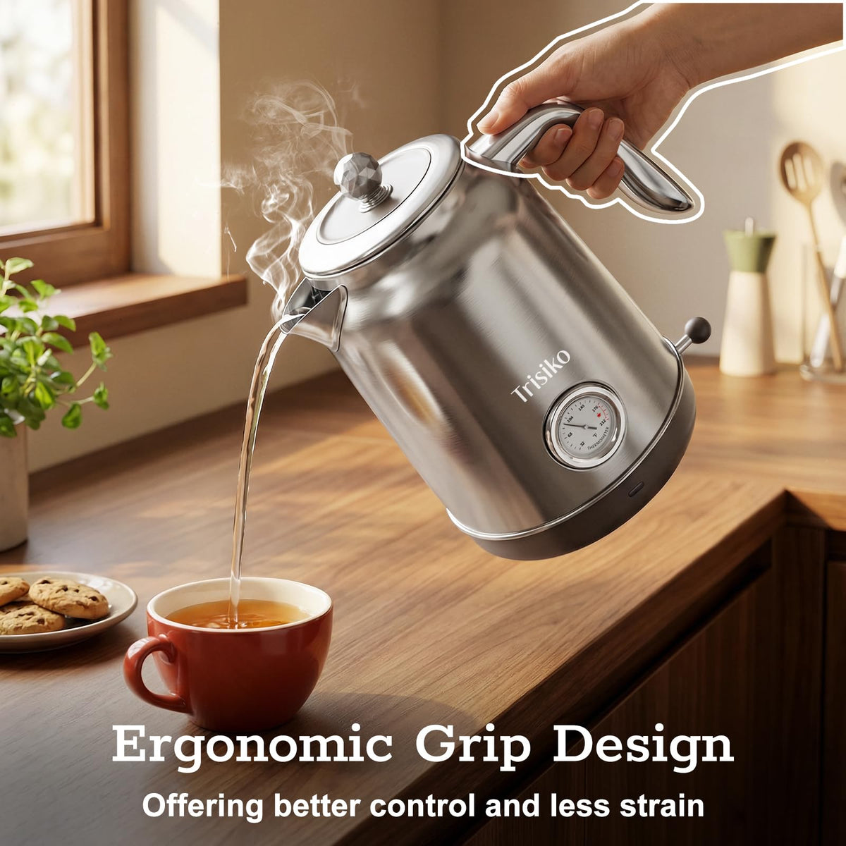 Trisiko 1.7L kettle cool-touch handle for safe daily use
