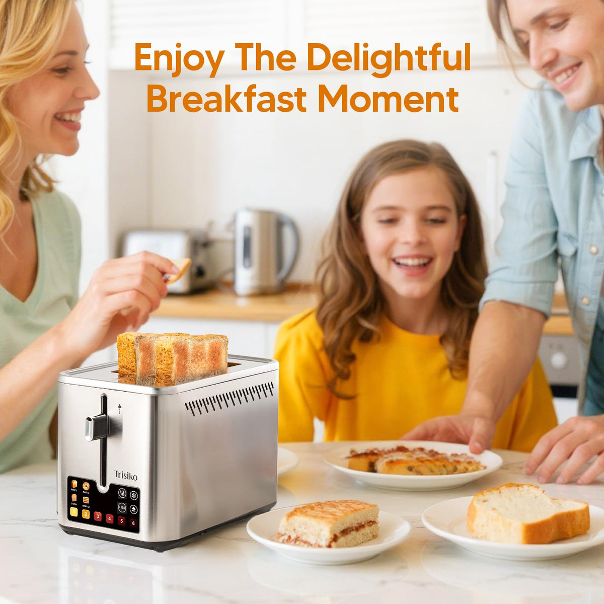 Trisiko touchscreen toaster control panel shows digital timer for precise toast readiness