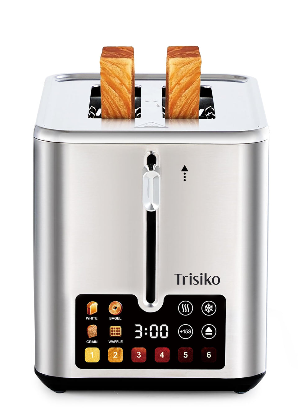 Trisiko touchscreen toaster front view with compact stainless steel design ideal for small kitchens