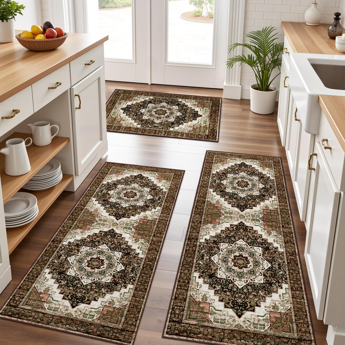 Tritard 3-piece kitchen rug set on floor provides broad coverage for cooking and cleaning.