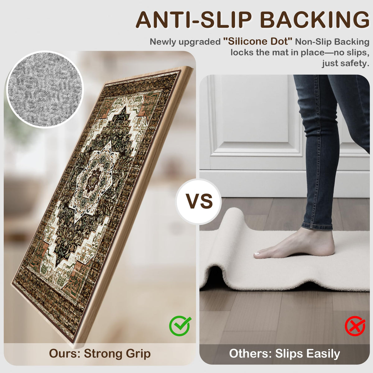 Tritard kitchen rug anti-slip backing helps prevent slipping on smooth surfaces.