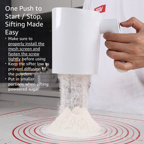 TriTree electric flour sifter on a kitchen counter ready for sifting.