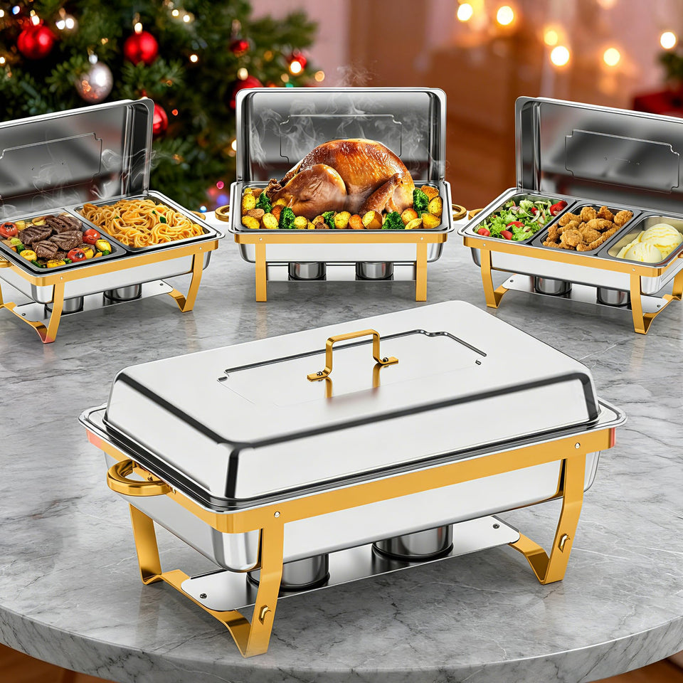 Trivico 4 pack chafing dishes in gold and silver for elegant buffets.