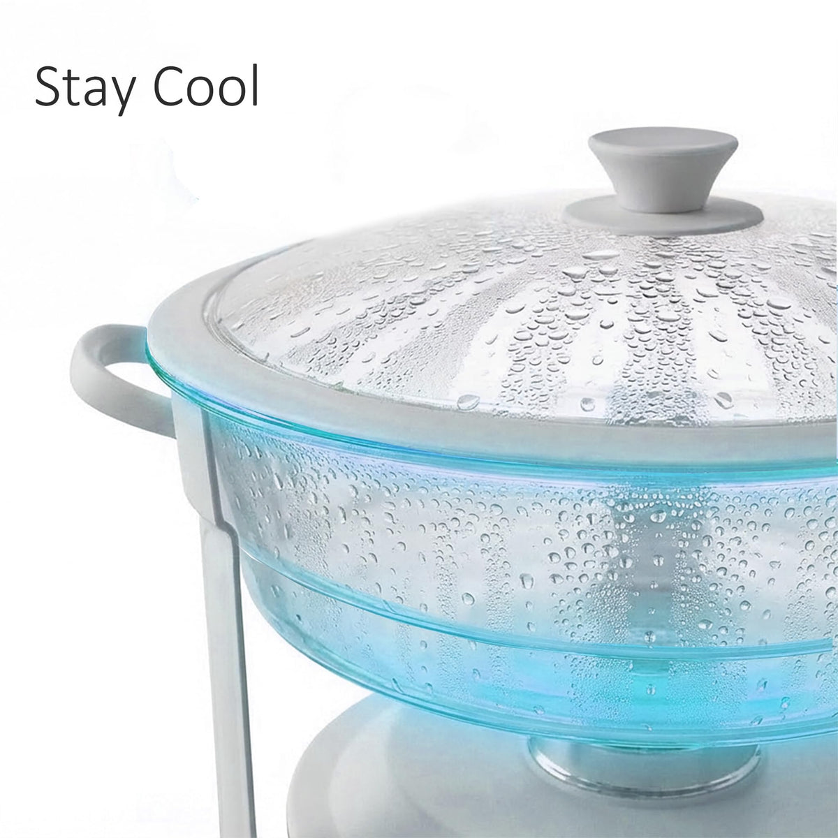 Trivico 6QT chafer water pan supports hot or cold service.