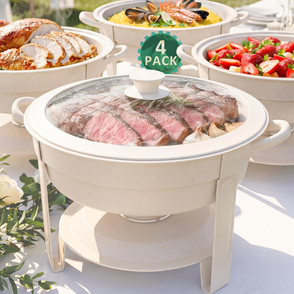 Trivico 6QT round chafer with white granite assembly enabling quick, mess-free setup.