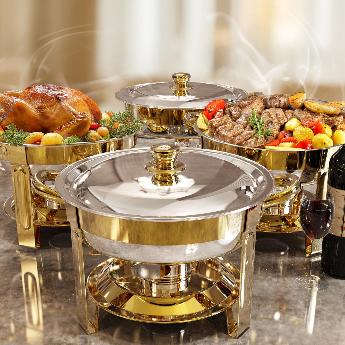 Trivico buffet set 6qt chafing dish with lid assembly in gold for quick setup.