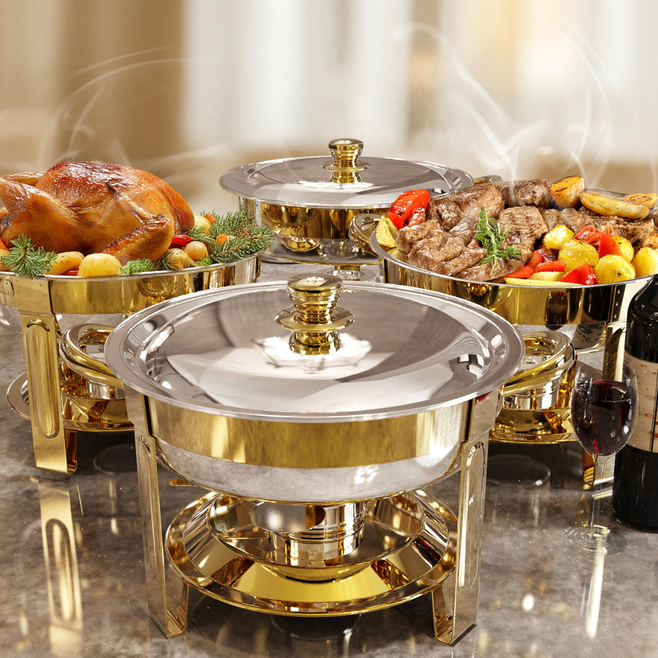 Trivico buffet set 6qt chafing dish with lid assembly in gold for quick setup.