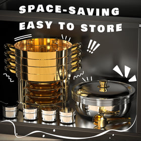 Trivico gold chafing set cleans easily after events for fast turnover.