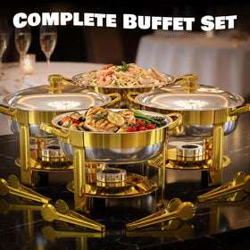 Trivico gold chafing dish stand showcases sturdy stainless steel support for reliable service.