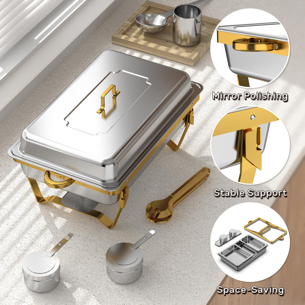 Trivico included gold serving tongs enhance serving ease.