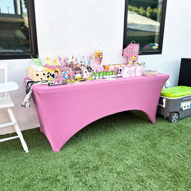 Trlyc tablecloth with elastic corner pockets securing a 6ft table.