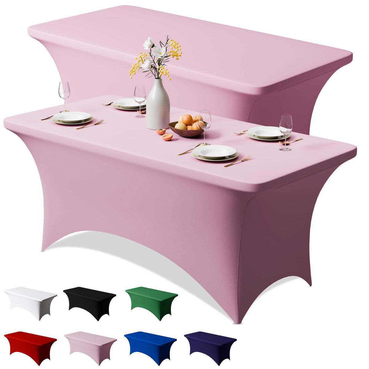 Trlyc 2-pack stretch tablecloth on a 6ft table showing a smooth, wrinkle-free fit.