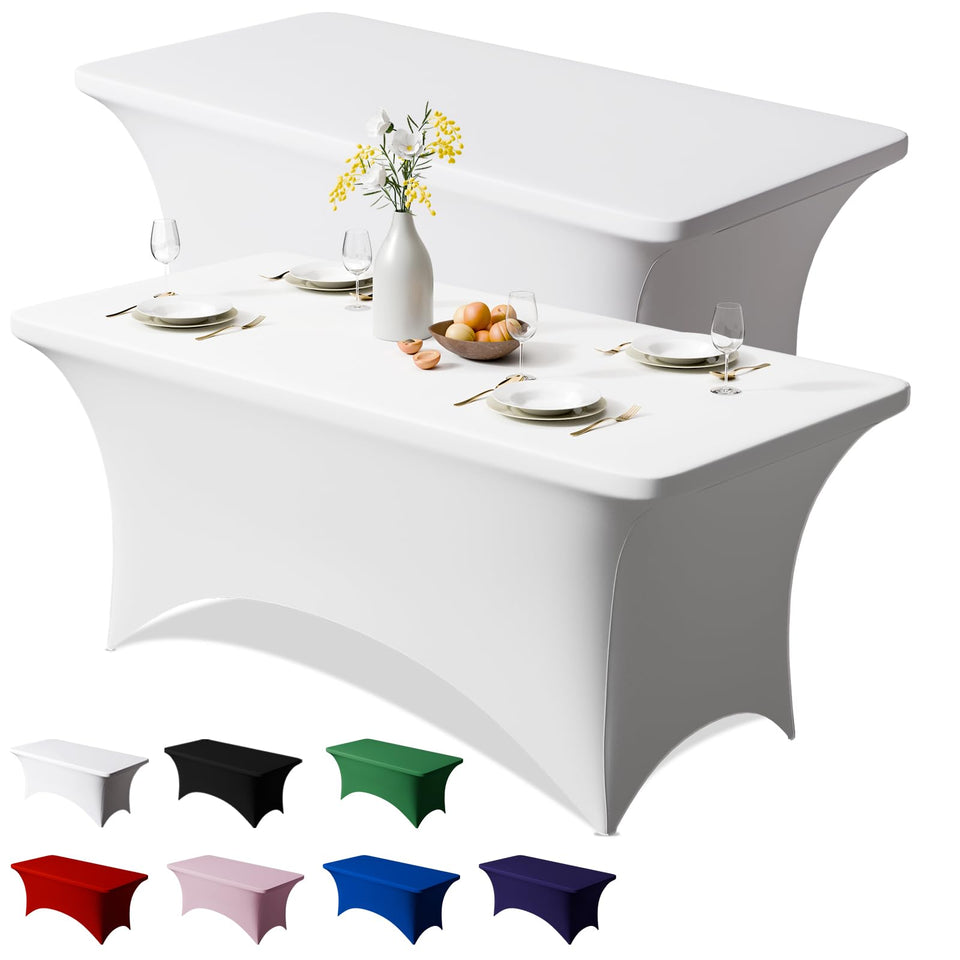 Trlyc 2pack 6ft spandex tablecloth white flat lay showing secure fit on a table.