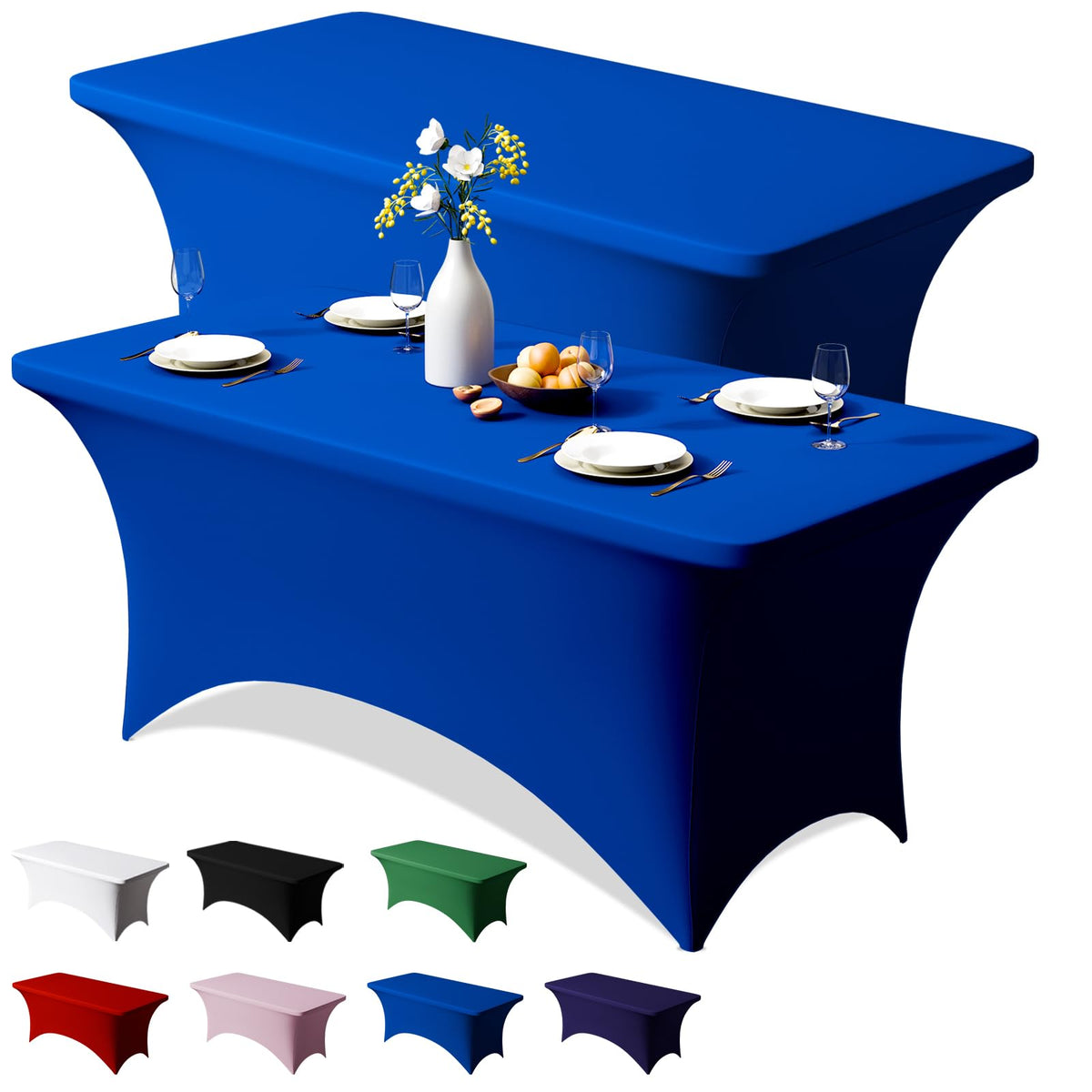 Trlyc Royal Blue 6ft stretch tablecloth on table for events