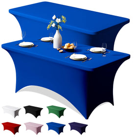 Trlyc Royal Blue 6ft stretch tablecloth on table for events