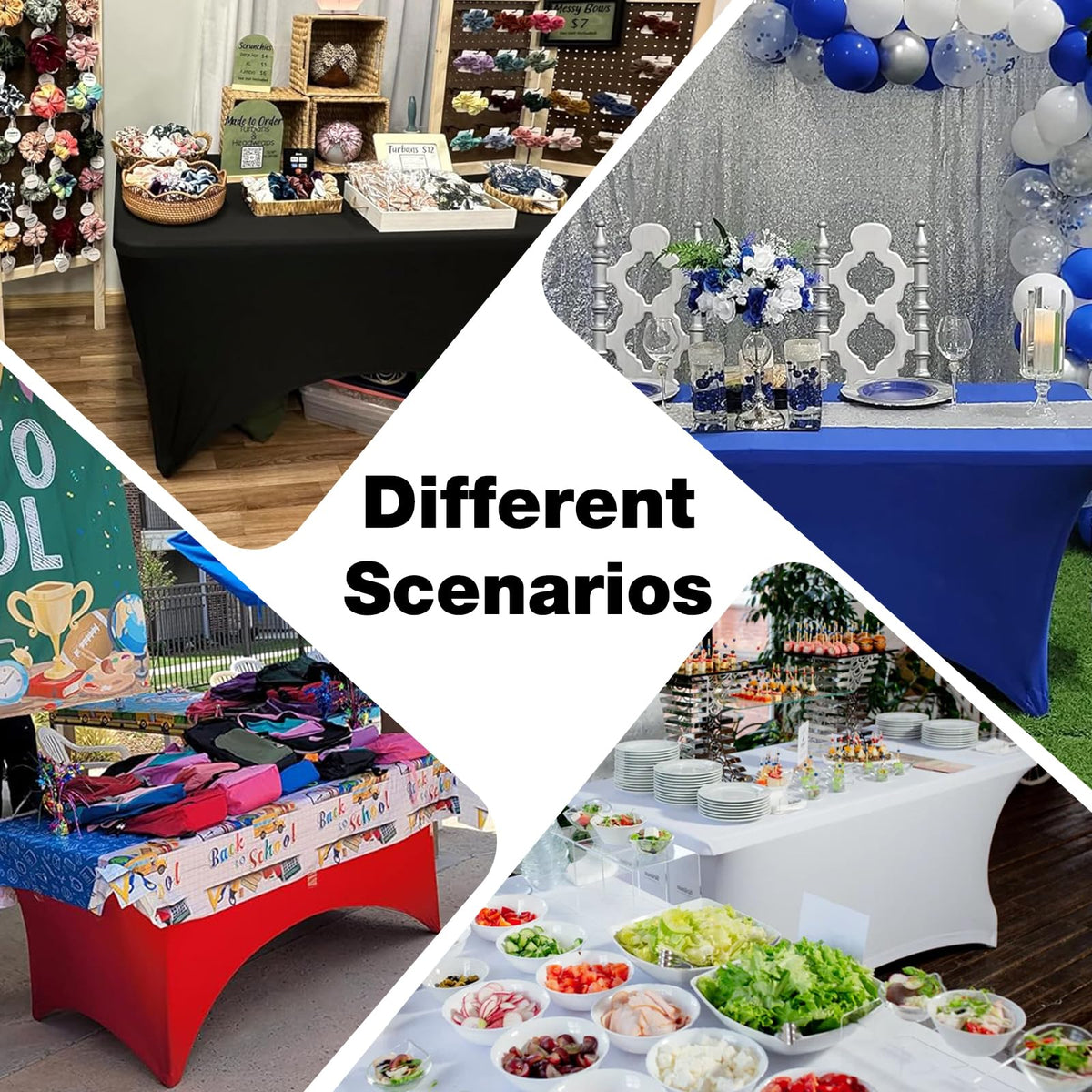 Trlyc Royal Blue stretch tablecloth enhances wedding dining ambiance