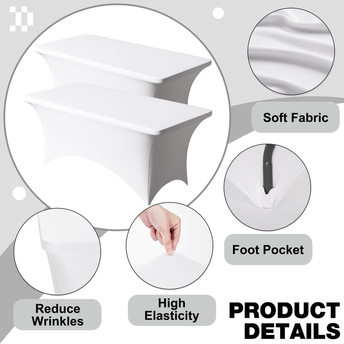 Trlyc 6ft tablecloth with elastic corners secured on a table for a neat look.