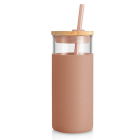 Tronco 20 oz glass tumbler with lid and straw, ideal for iced coffee or smoothies.