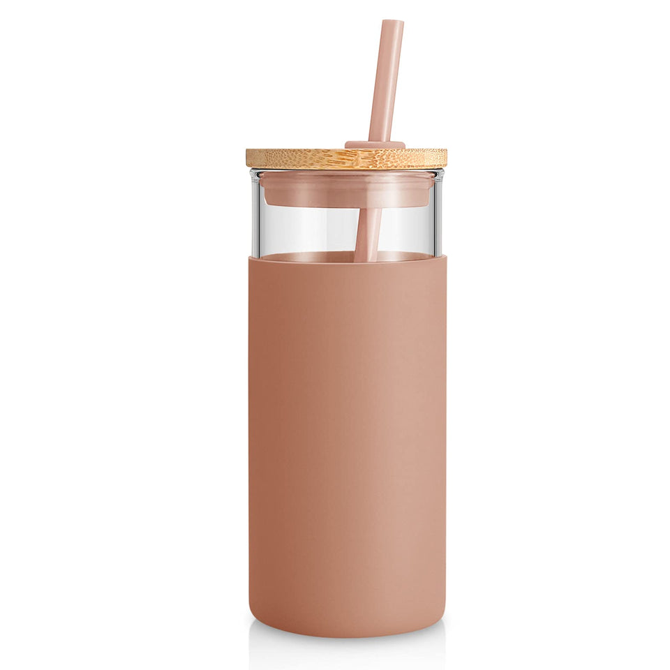 Tronco 20 oz glass tumbler with lid and straw, ideal for iced coffee or smoothies.