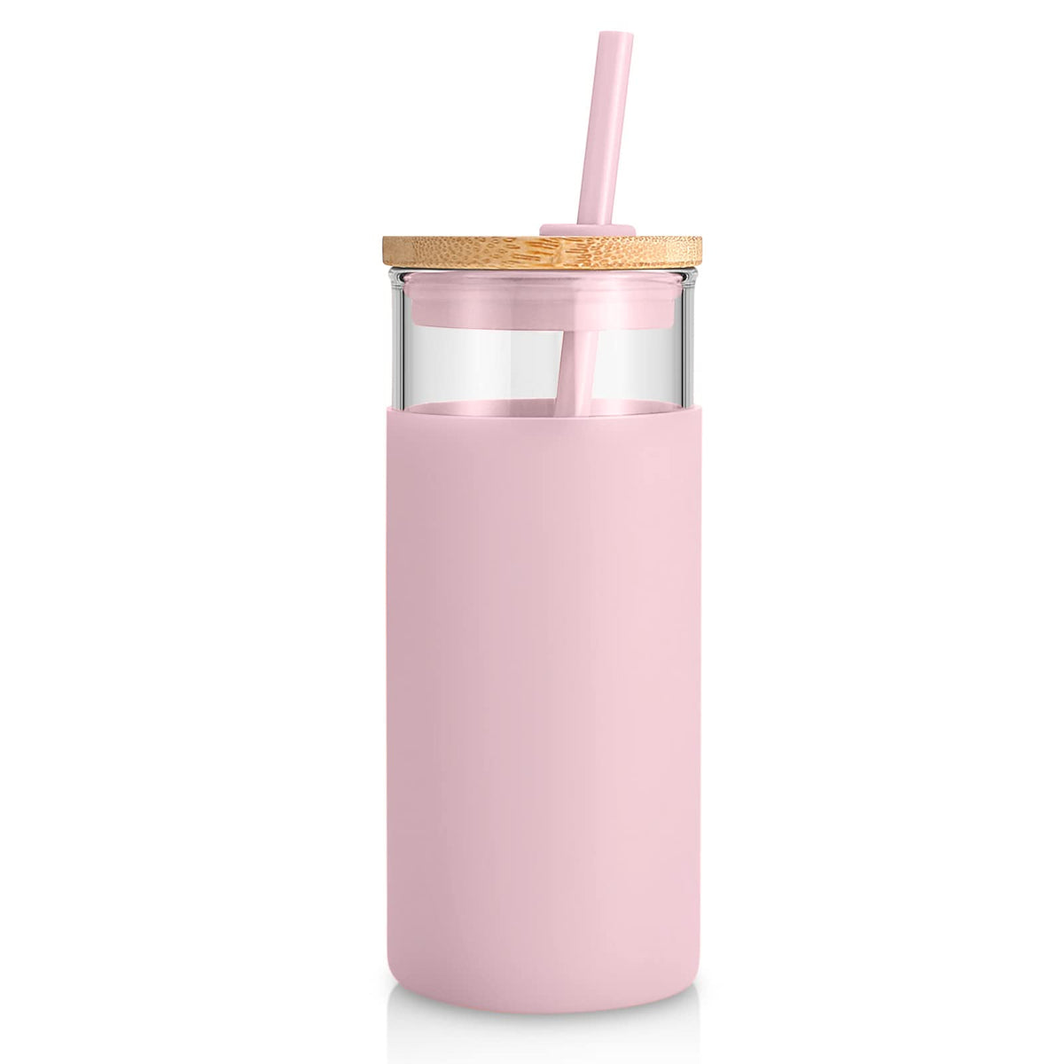 Tronco 20 oz glass tumbler with lid and straw for iced drinks.