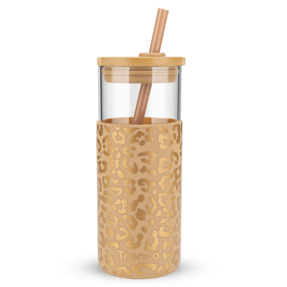 Tronco 20oz glass tumbler with lid and straw showing secure silicone sleeve grip.