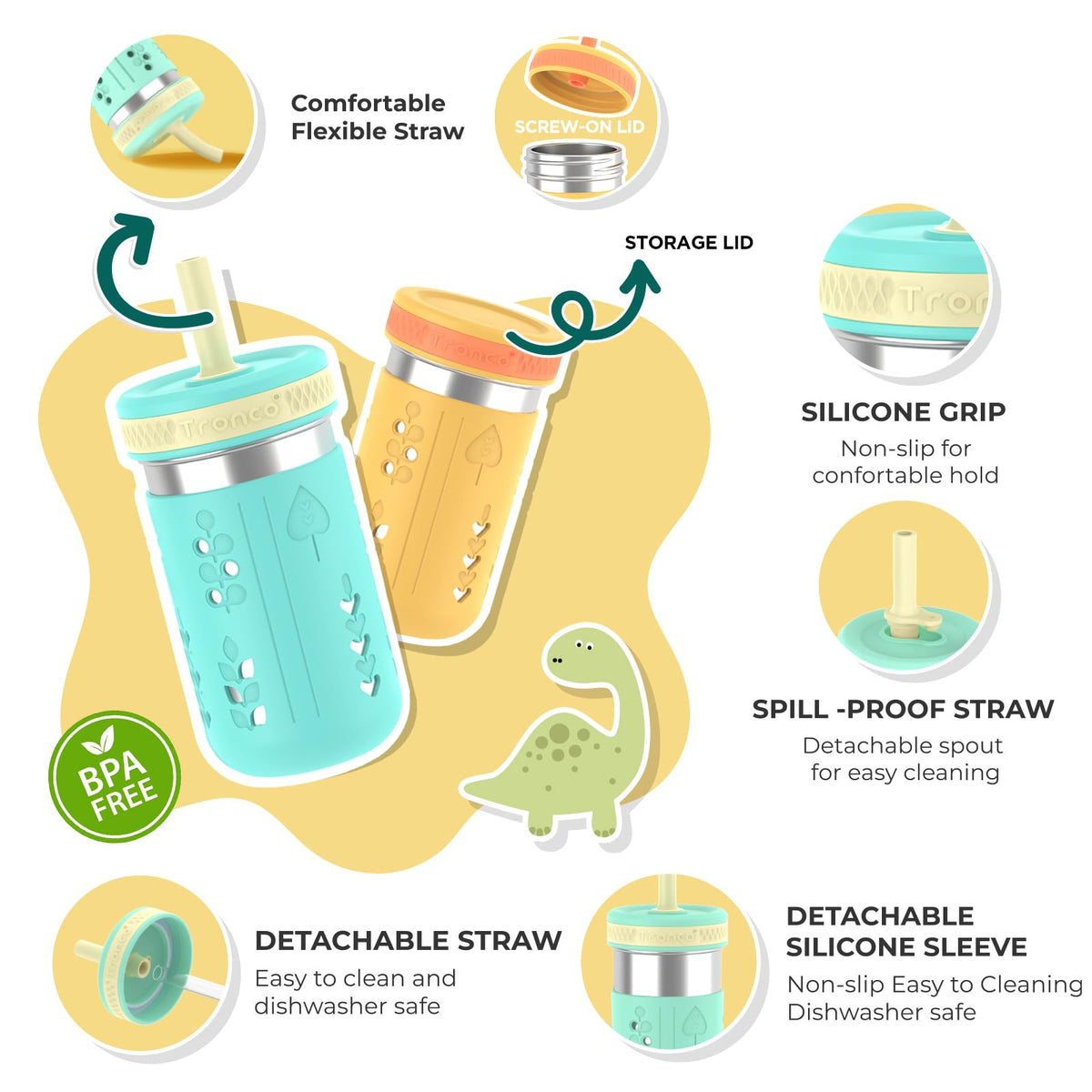 Tronco two-in-one lids for easy drinking and snack storage.