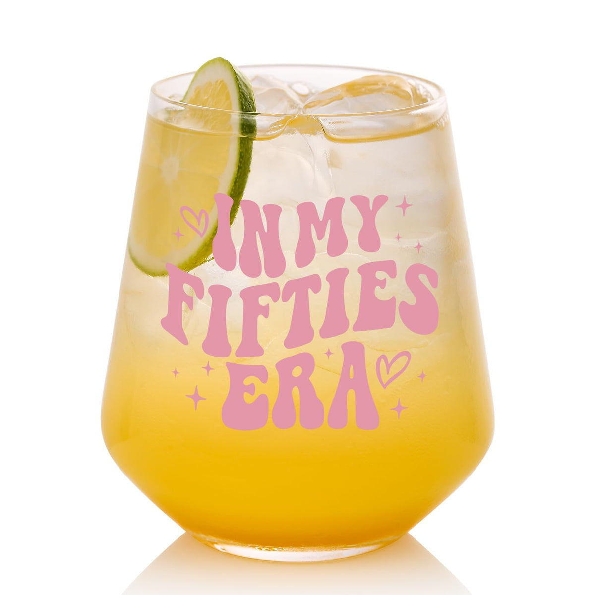 TrophyToast In My Fifties Era wine glass front view shows a sturdy stemless design for celebrations.