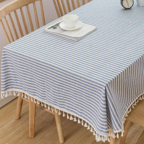 TruDelve cotton square table cloth in blue stripes for Boho style dining.