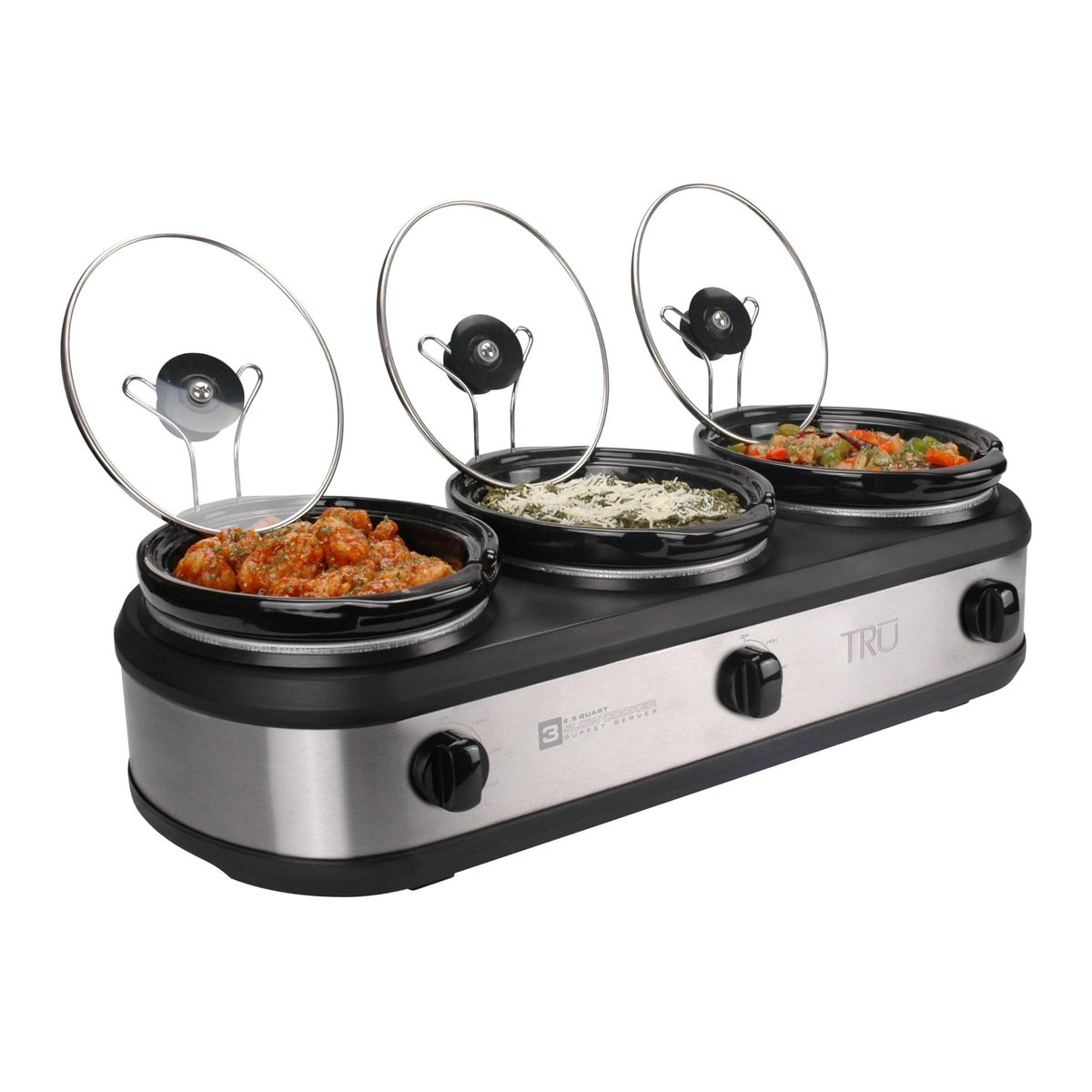 TRU Triple Buffet Server outer view shows a coordinated hot-dish setup for gatherings