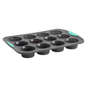 Trudeau Structure silicone muffin pan top view showing 12 cups for even baking