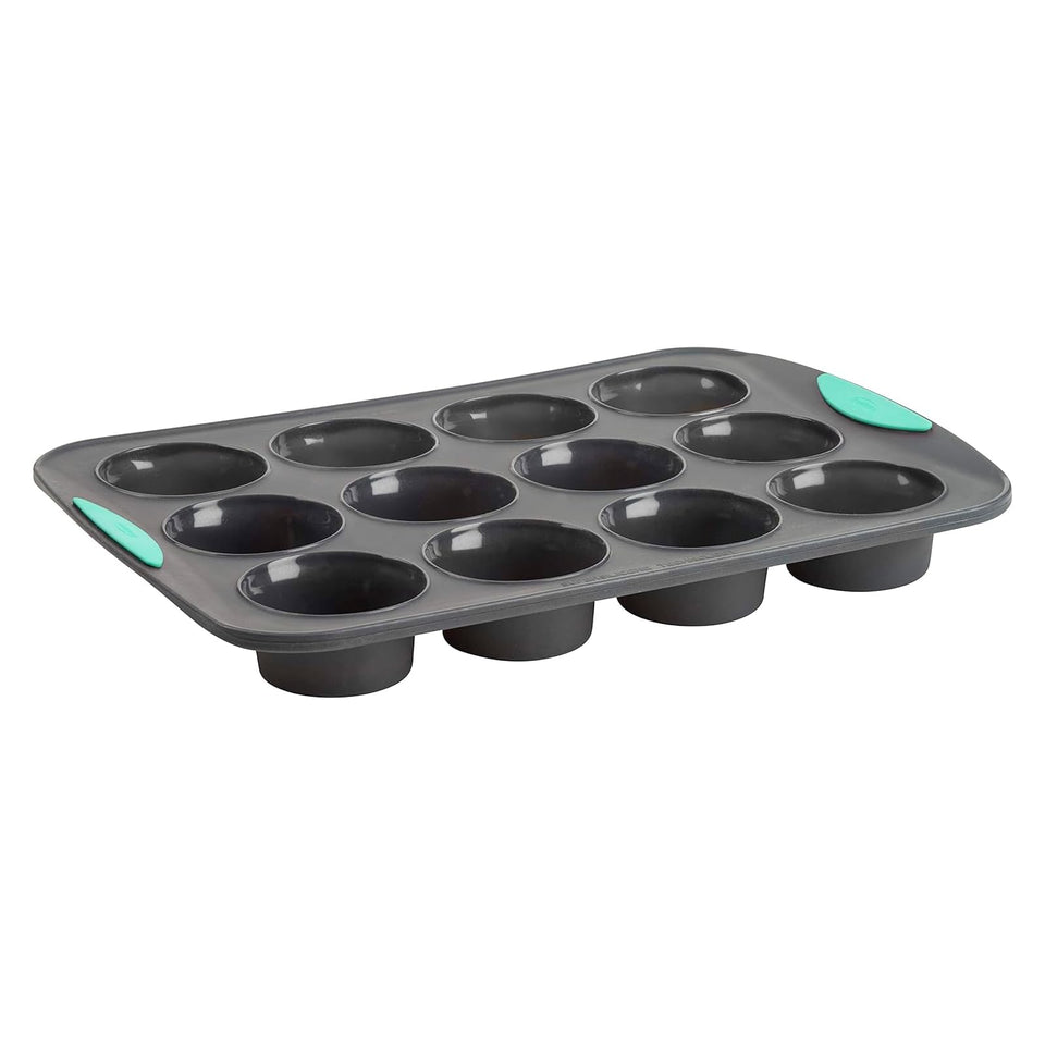 Trudeau Structure silicone muffin pan top view showing 12 cups for even baking