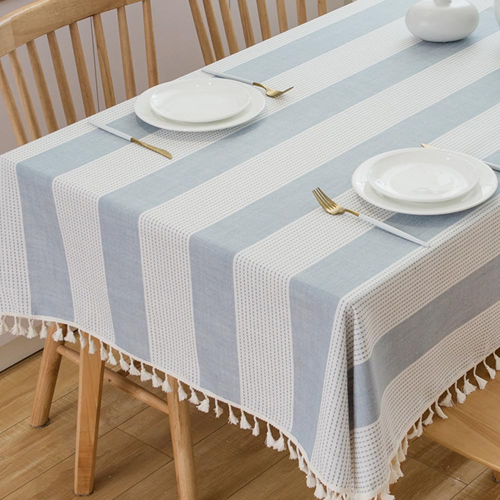TruDelve blue-white stripe tablecloth on dining table, ideal for family meals