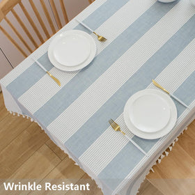 TruDelve blue-white stripe tablecloth edge drape on table