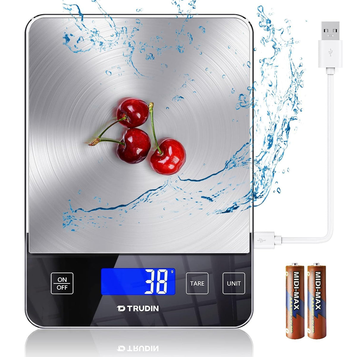 TRUDIN 33lb Food Scale on countertop delivers precise measurements for everyday cooking.
