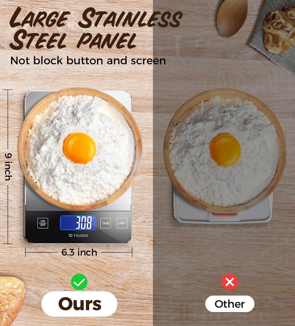 TRUDIN 33lb Food Scale display closeup emphasizes clear digits for accurate baking.