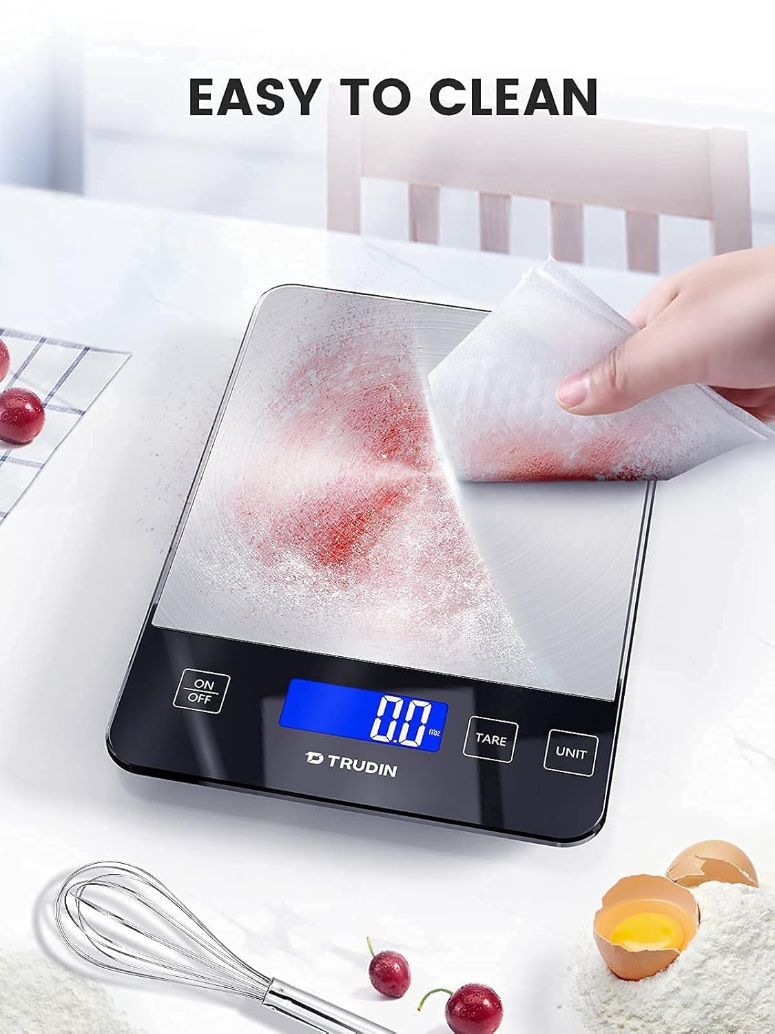TRUDIN 33lb Food Scale in kitchen setup supports precise portions for meals.