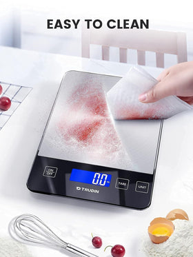 TRUDIN 33lb Food Scale in kitchen setup supports precise portions for meals.