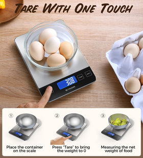 TRUDIN 33lb Food Scale packaging shows included USB cable and batteries.